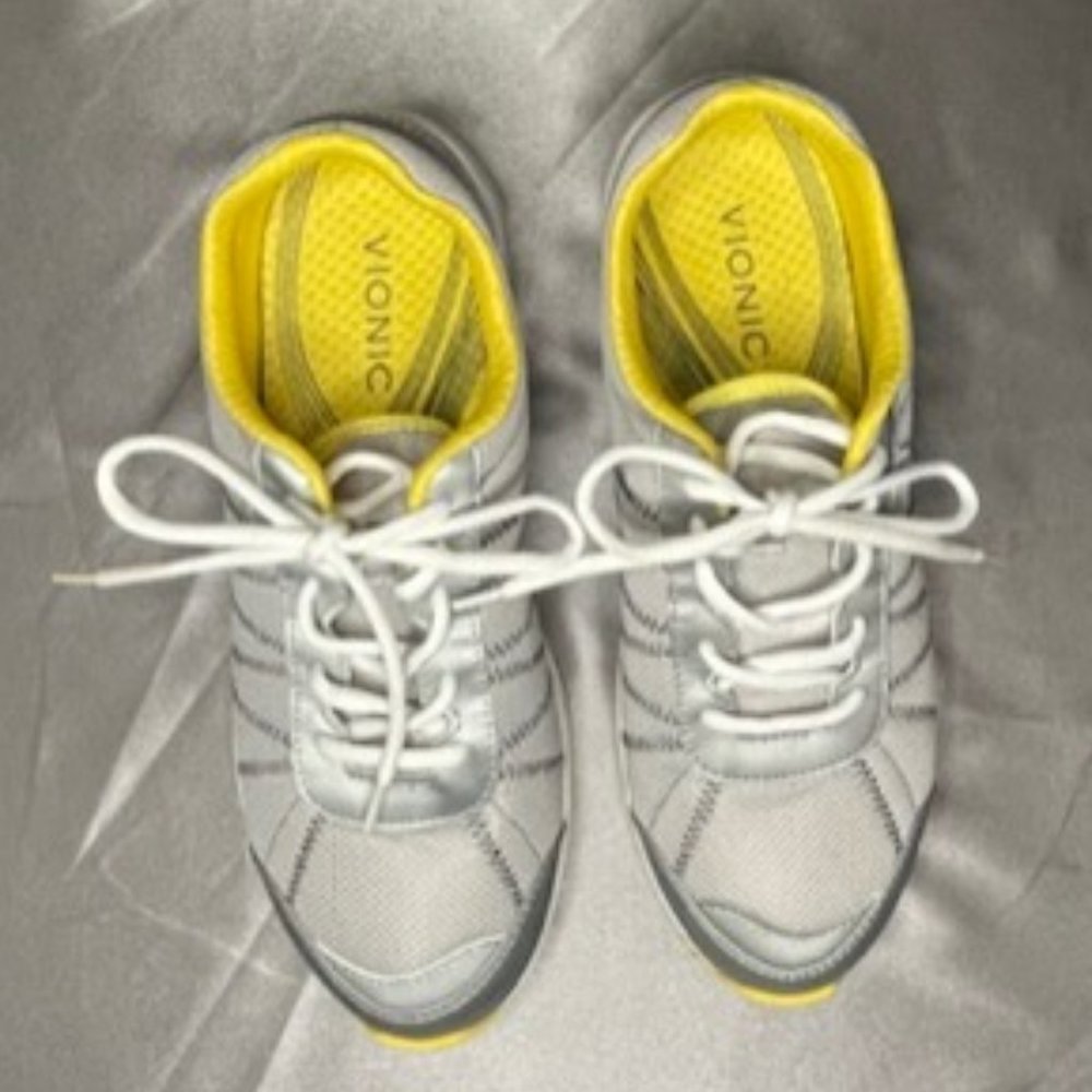 Vionic Grey with Yellow Trim Tennis Shoes, Size 9.,5